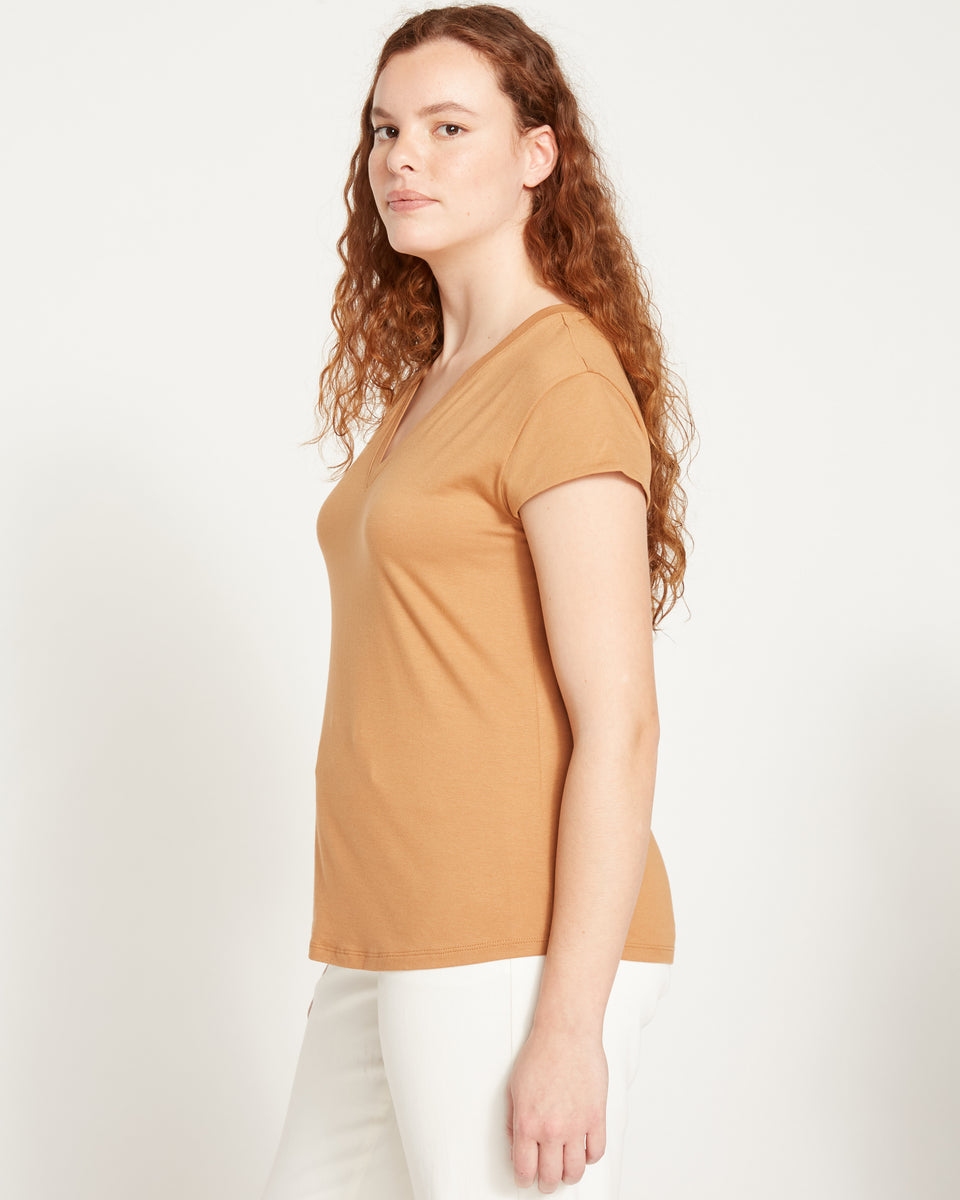 Ashley V Neck Cap Sleeve Tee - Caramel Zoom image 3