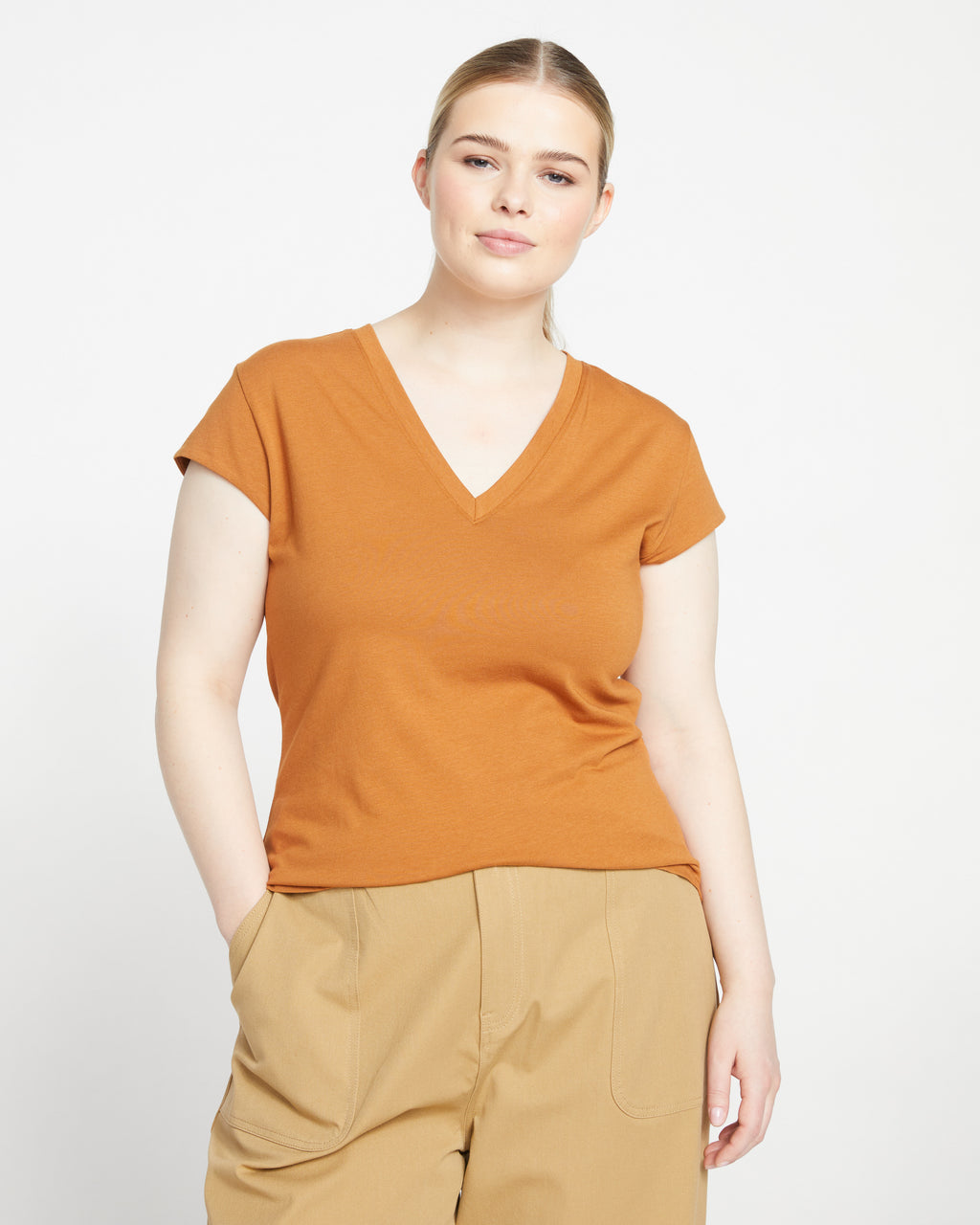 Ashley V Neck Cap Sleeve Tee - Caramel Cafe - image 1