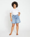 Katie High Rise Crossover Denim Shorts - Distressed Vintage Indigo Wash thumbnail 1