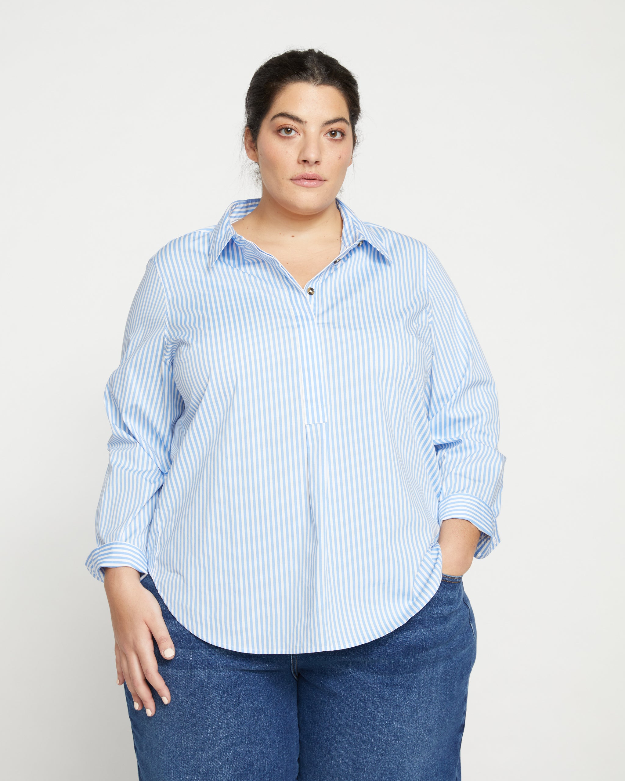 Elbe Popover Stretch Poplin Shirt Classic Fit - Blue/White Stripe Zoom image 0