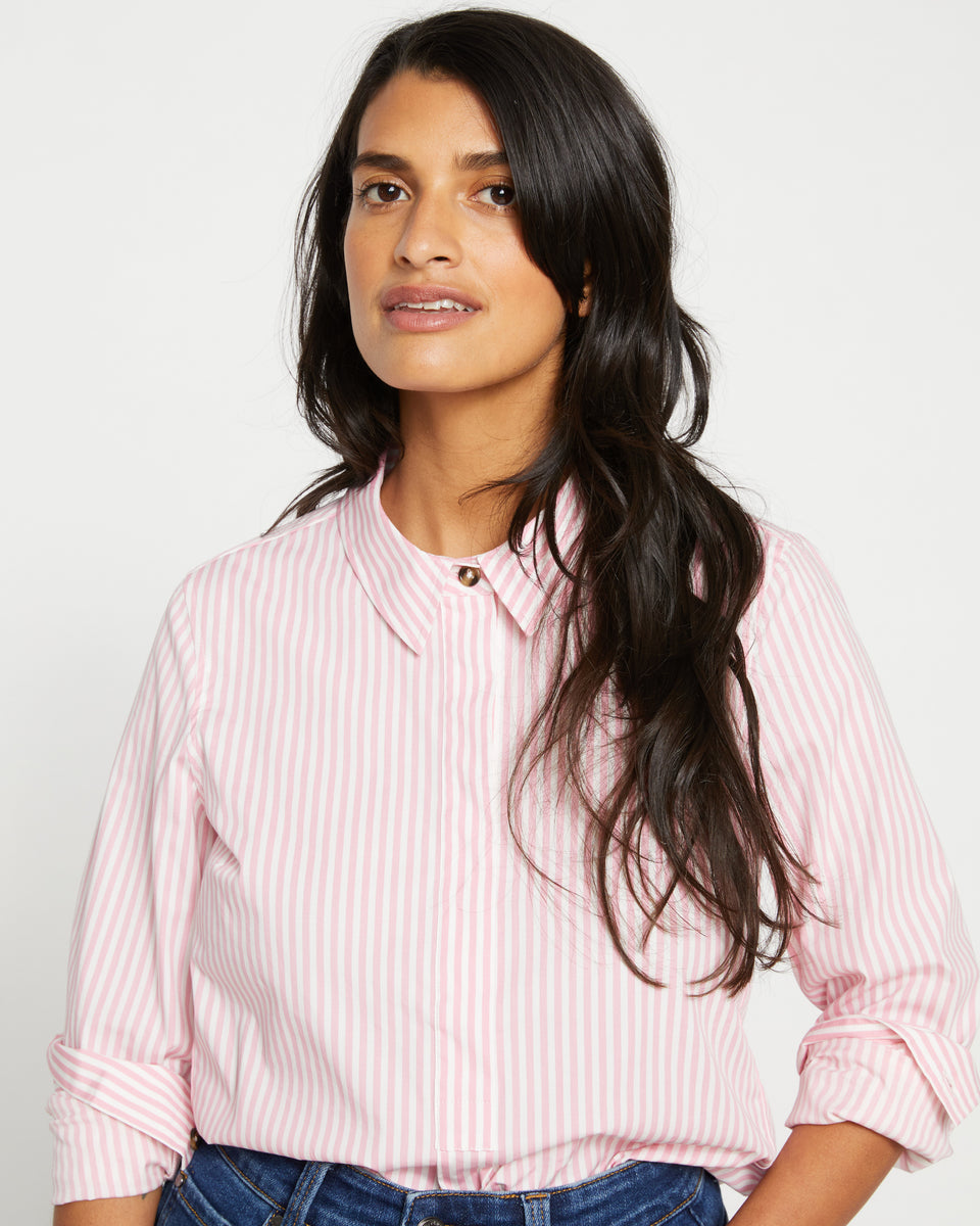 Elbe Popover Stretch Poplin Shirt Classic Fit - Pink/White Stripe Zoom image 0