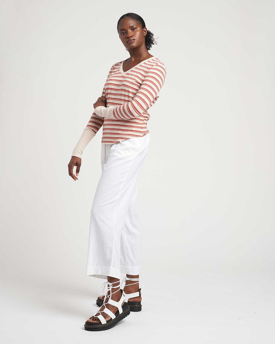 Rhine V Neck Color Block Cuff Top - Terracotta/Eggshell Stripe Zoom image 1