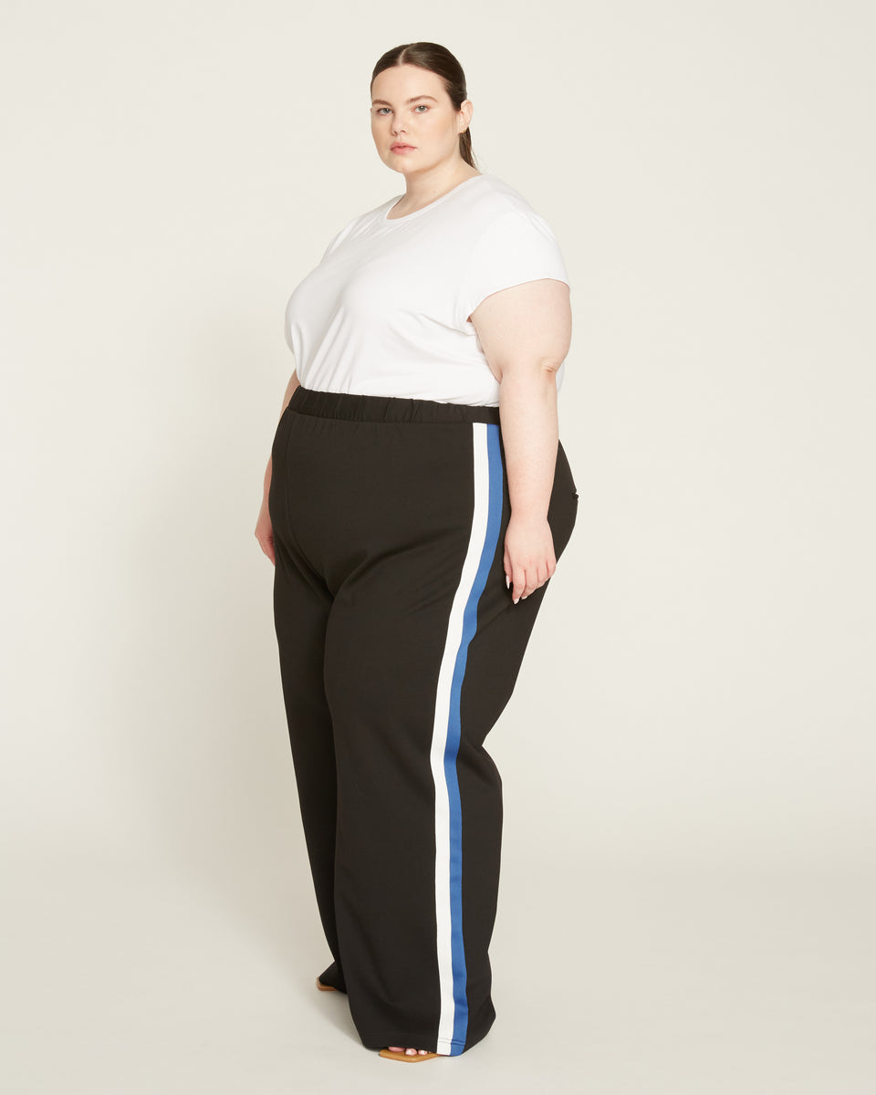 Stephanie Wide Leg Stripe Ponte Pants 30 Inch - Black with Blue/White Stripe Zoom image 3