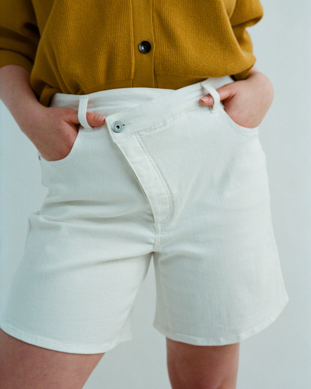 Katie High Rise Crossover Denim Shorts - White - image 0