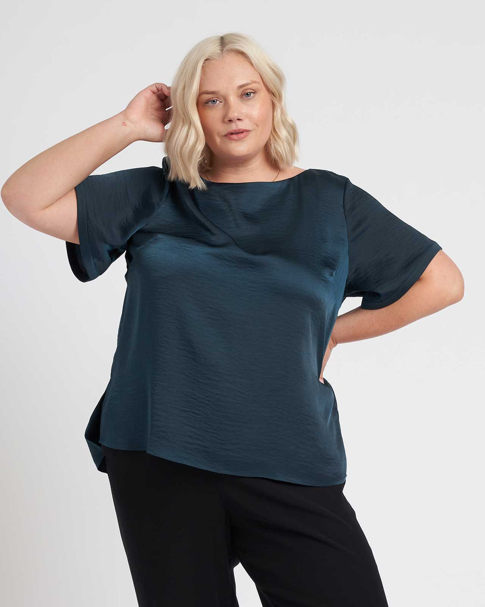 Alice Satin Boatneck Top - Deep Sea Zoom image 0