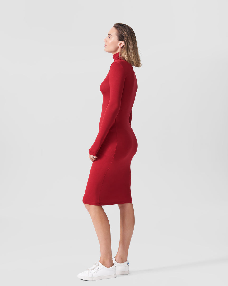 red long sleeve turtleneck dress