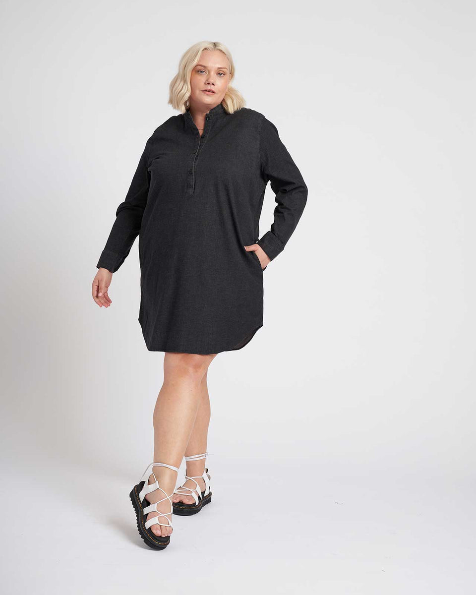 Hannah Stretch Cotton Chambray Shirtdress - Black Zoom image 2