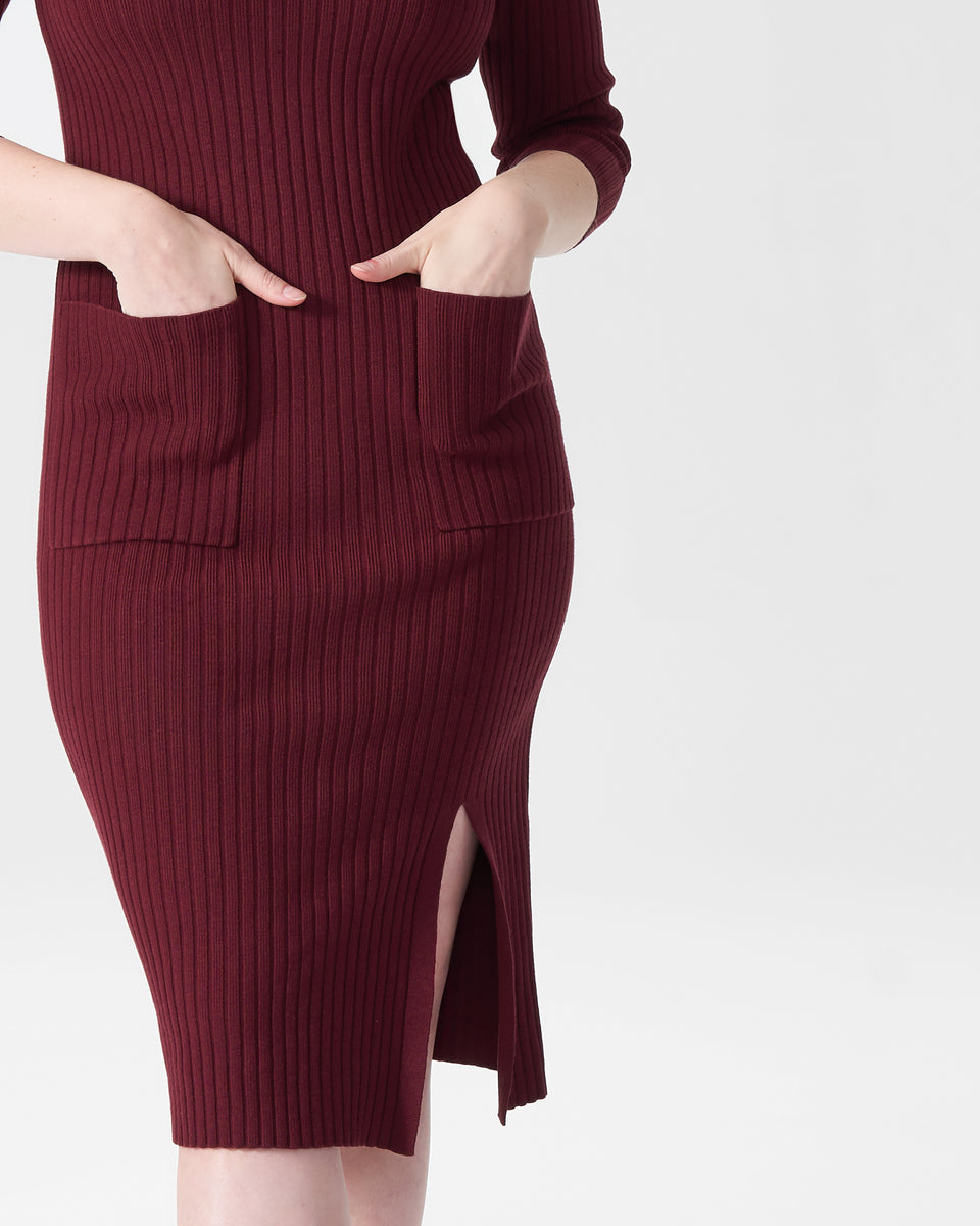 Rita Ribbed Sweater Dress With Pockets - Merlot Zoom image 1