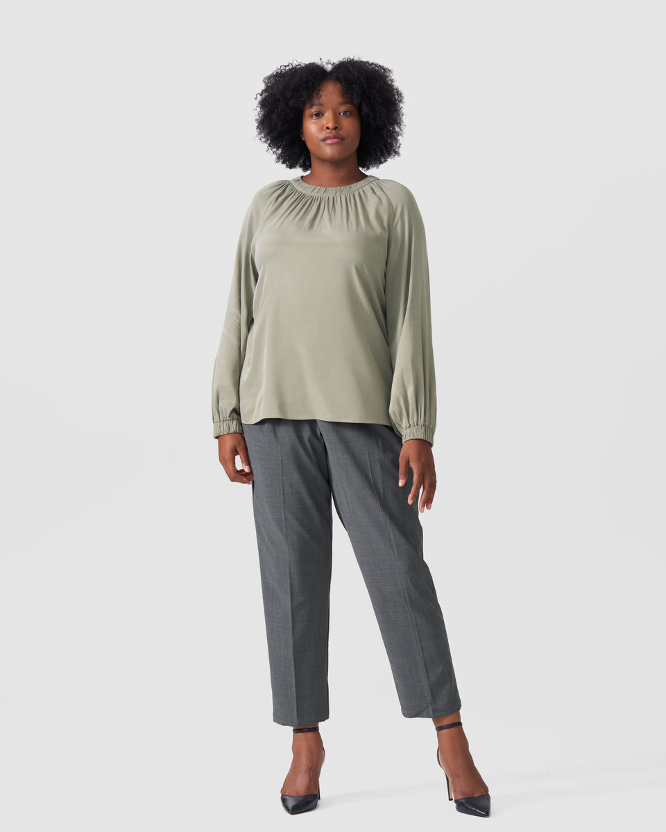 Patricia Long Sleeve Gathered Neck Blouse - Sage Zoom image 2