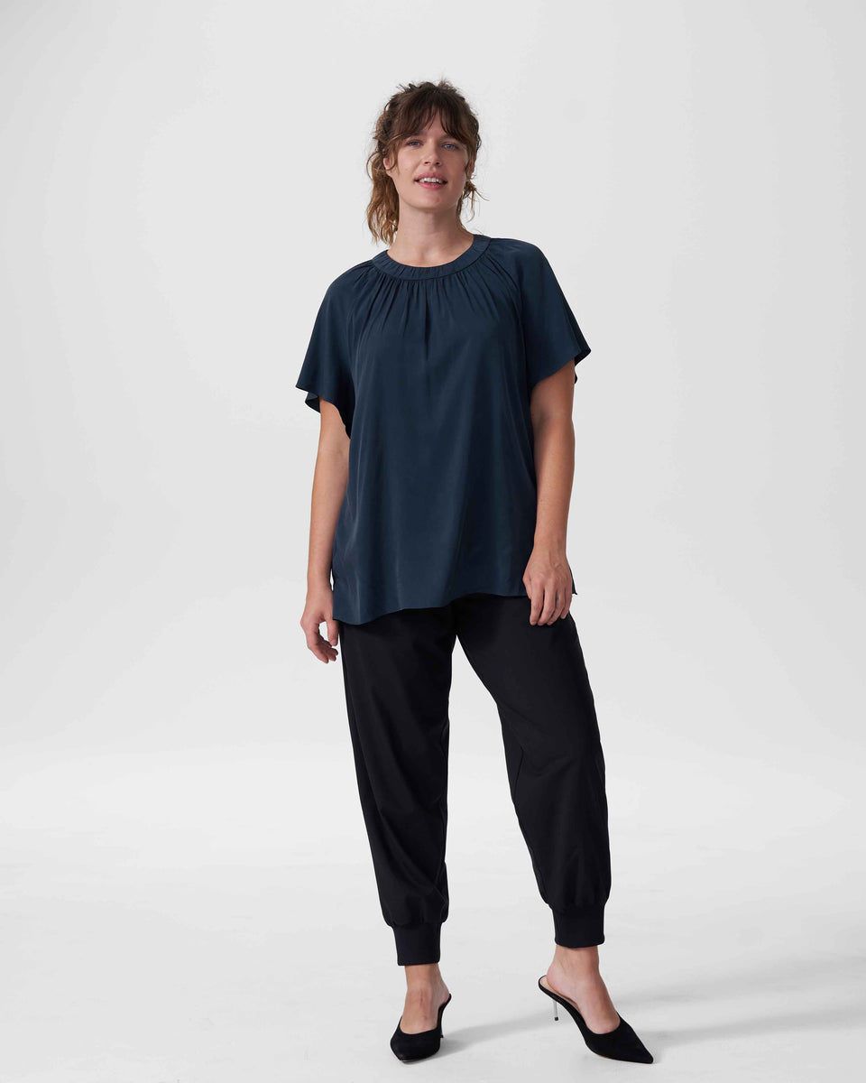 Alex Short Sleeve Shirred Top - Navy Zoom image 0