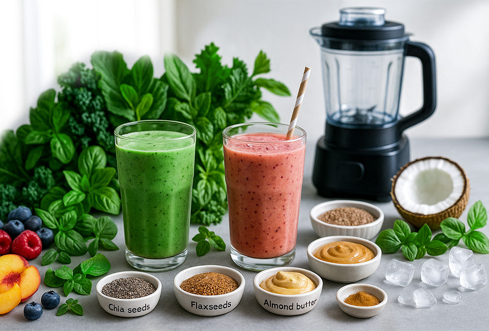 Two colorful smoothies sit on a table surrounded by fresh and wholesome ingredients. On the left, a vibrant green smoothie is made with leafy greens like spinach and kale, placed beside berries, peach slices, chia seeds, and flaxseeds. On the right, a pink smoothie with a striped paper straw is paired with almond butter, coconut, spices, and ice cubes. A blender is visible in the background, suggesting homemade preparation. The setup emphasizes smoothie customization with nutritious, natural ingredients.