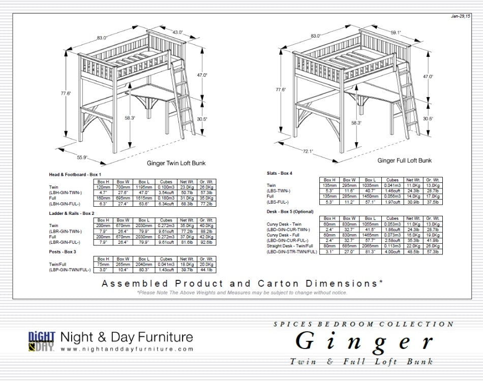 Ginger Loft Bunk Bed Dimensions