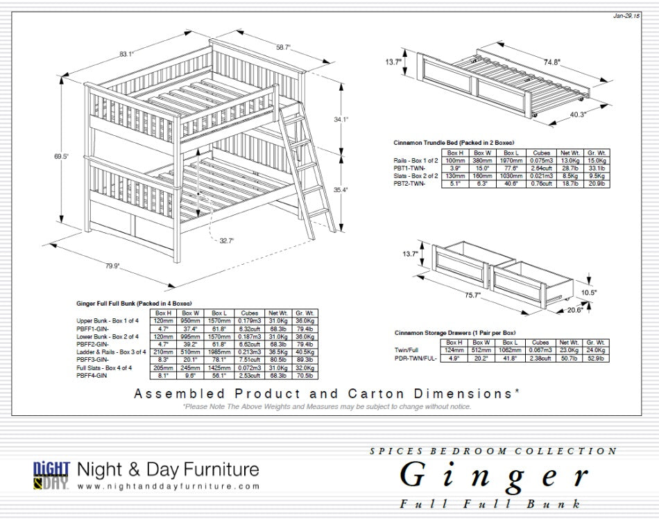 Ginger Full Over Full Bunk Bed Dimensions