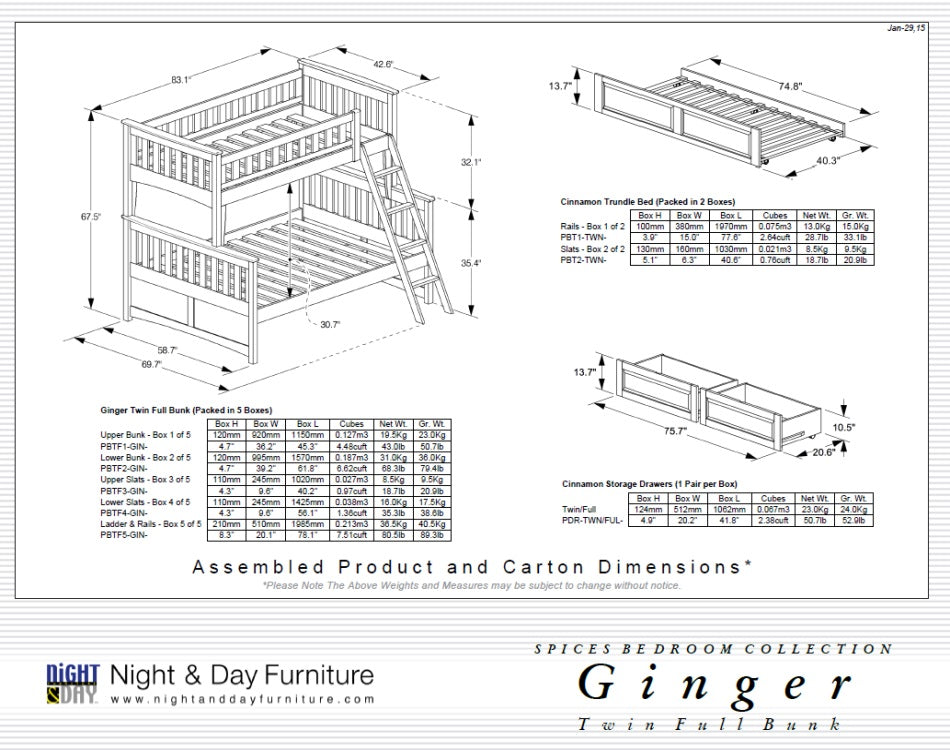 Ginger Twin Over Full Bunk Bed Dimensions