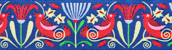red art deco birds on indigo 11/2" woven ribbon