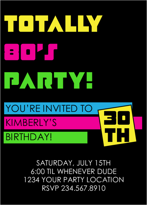 Totally 80's Party Invitation Style3 EDITABLE — PartyGamesPlus