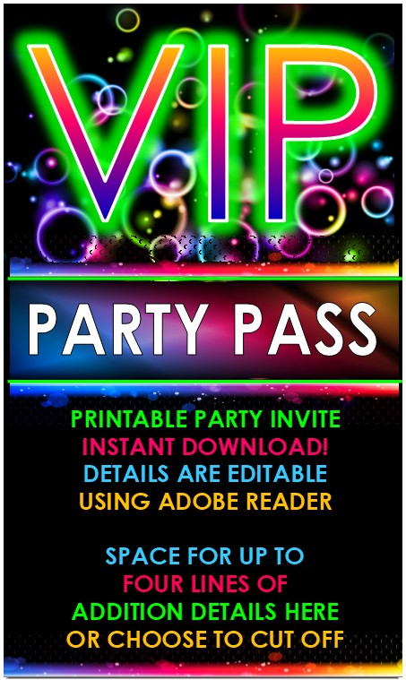 VIP Glow Party Invitation - EDITABLE – Queen of Theme Party Games