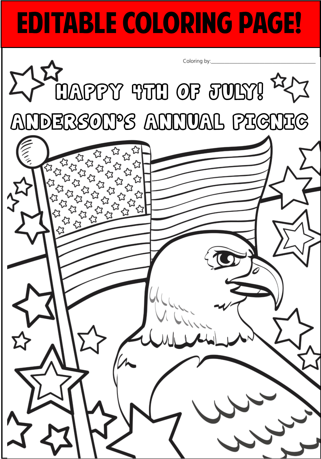 4th Of July Personalized Coloring Page Editable Queen Of Theme Party Games