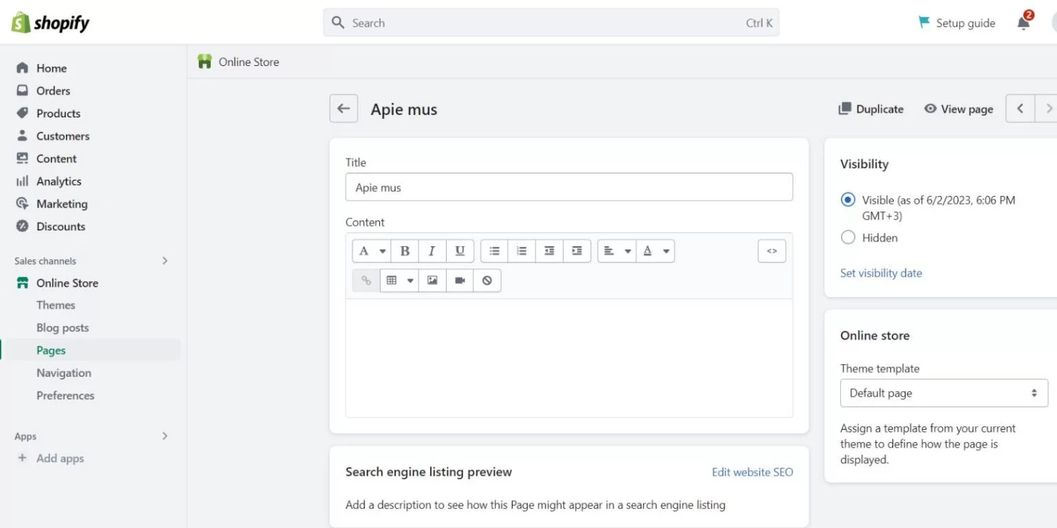 Shopify puslapis