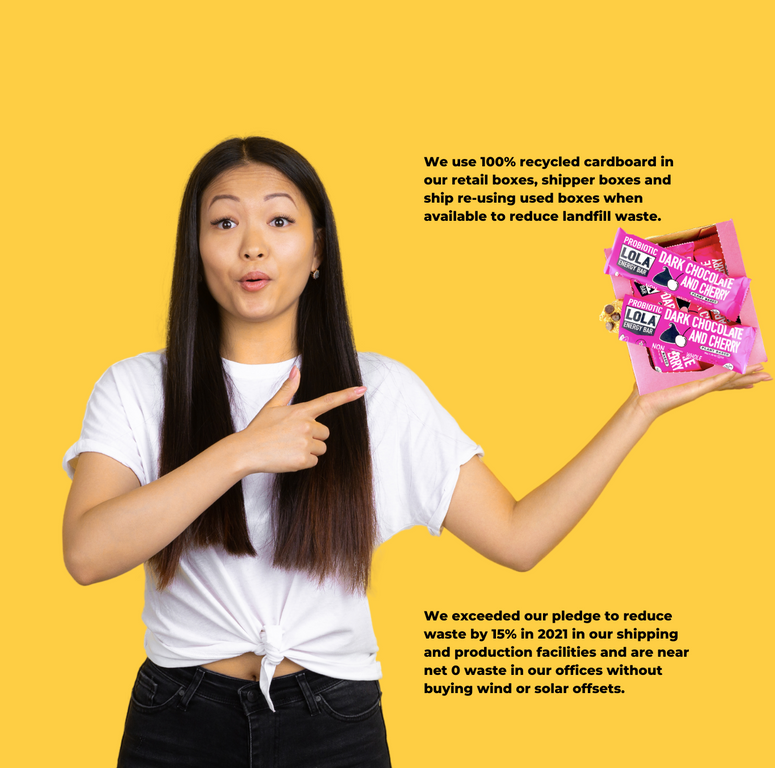 Woman holding box of Lola Snacks Dark Chocolate Cherry bars on yellow background.  Sustainability pledge We use 100% recycled cardboard in our retail boxes, shipper boxes and ship re-using used boxes when available to reduce landfill waste.                    We exceeded our pledge to reduce waste by 50% in 2021 in our shipping and production facilities and are near net 0 waste in our offices without buying wind or solar offsets.