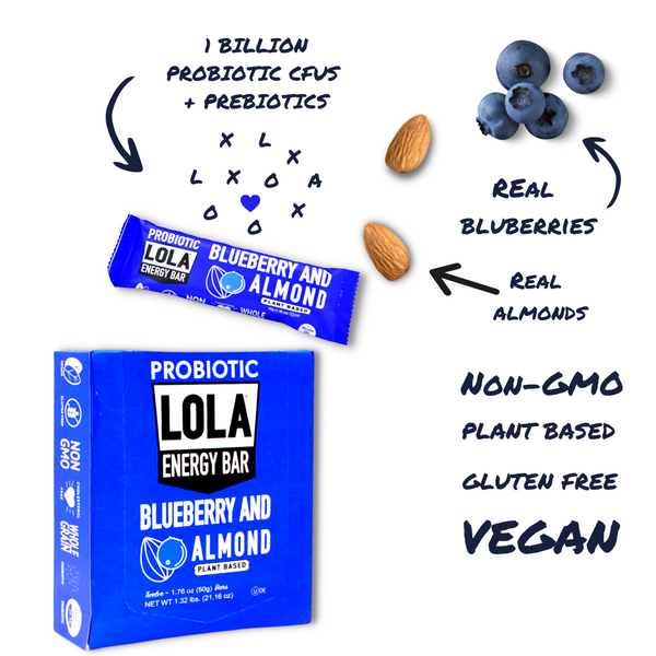 Lola Snacks Box with Bar above, Callouts above bar are probiotics, callout on right side are real blueberries, real almonds, non GMO, plant based, gluten free, vegan