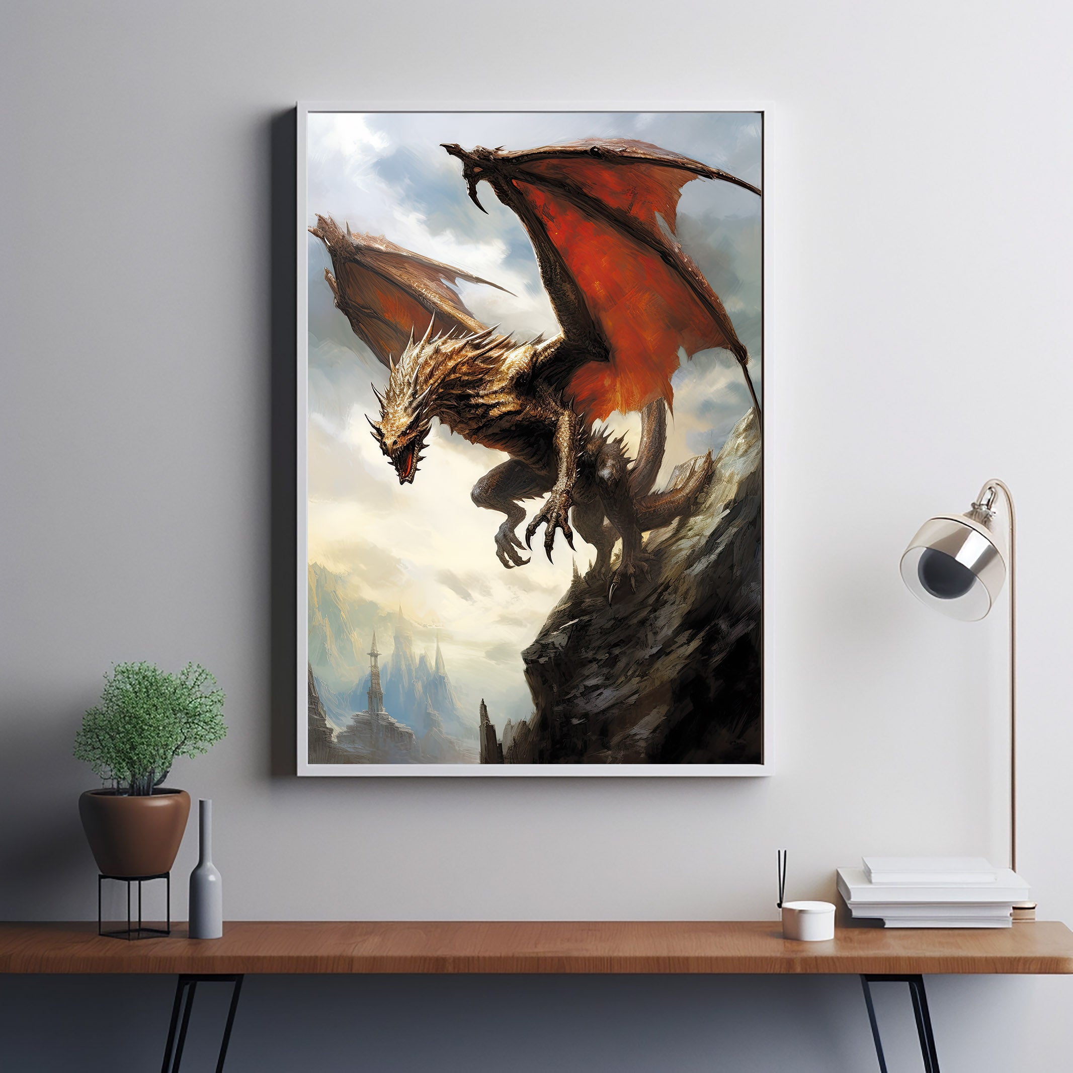 Legendary Powerful Bronze Dragon Poster - Majestic Beast in Lair of Ancients, Mythical Fantasy Art for Home Decor