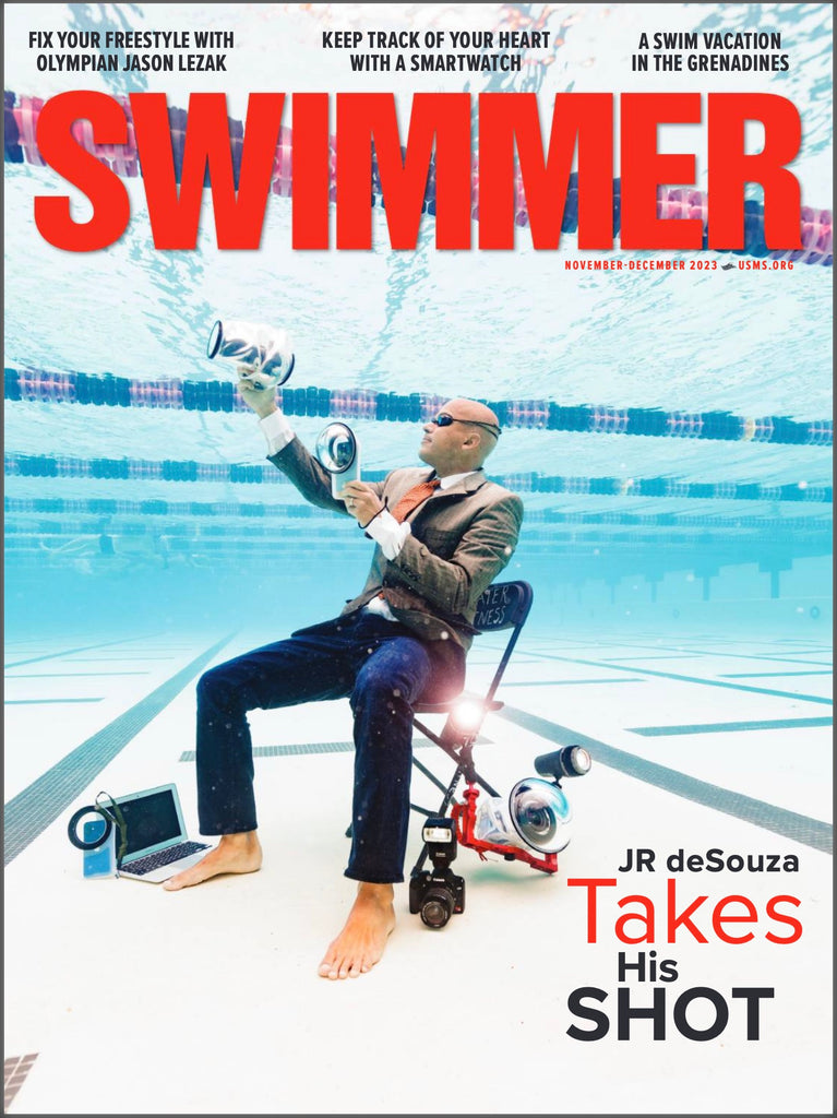 Swimmer Magazine Cover page featuring Outex founder and olympic swimmer JR deSouza