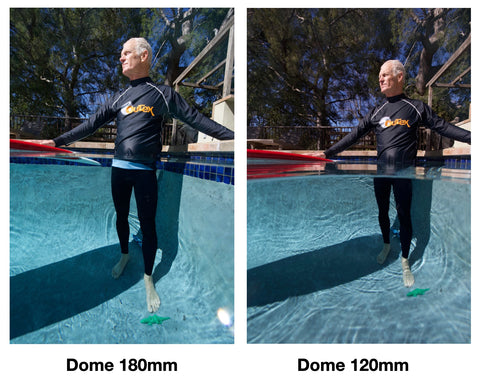 Comparação lado a lado de fotos subaquáticas de nível dividido usando porta de cúpula de vidro óptico Outex 180 mm vs.