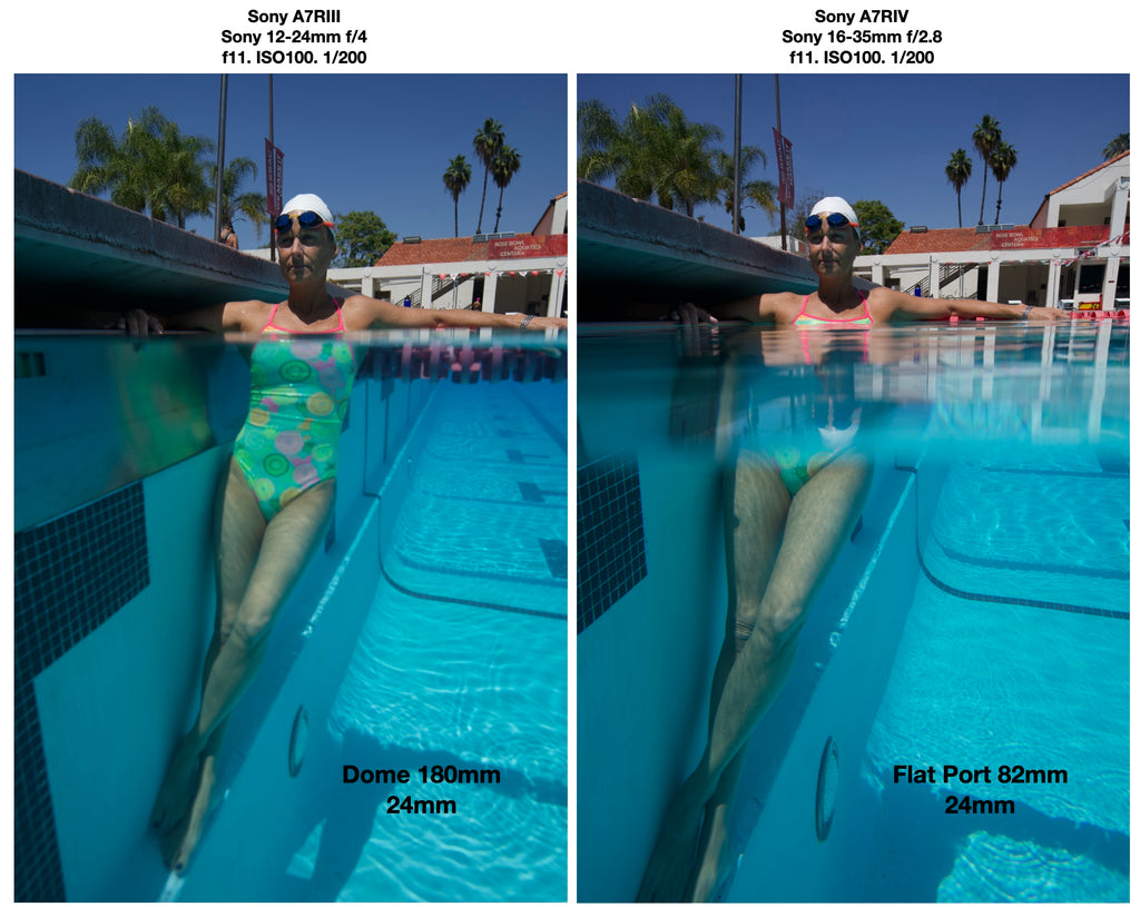 Comparação da porta da lente dome lado a lado para fotografia subaquática usando a dome Outex 180 mm