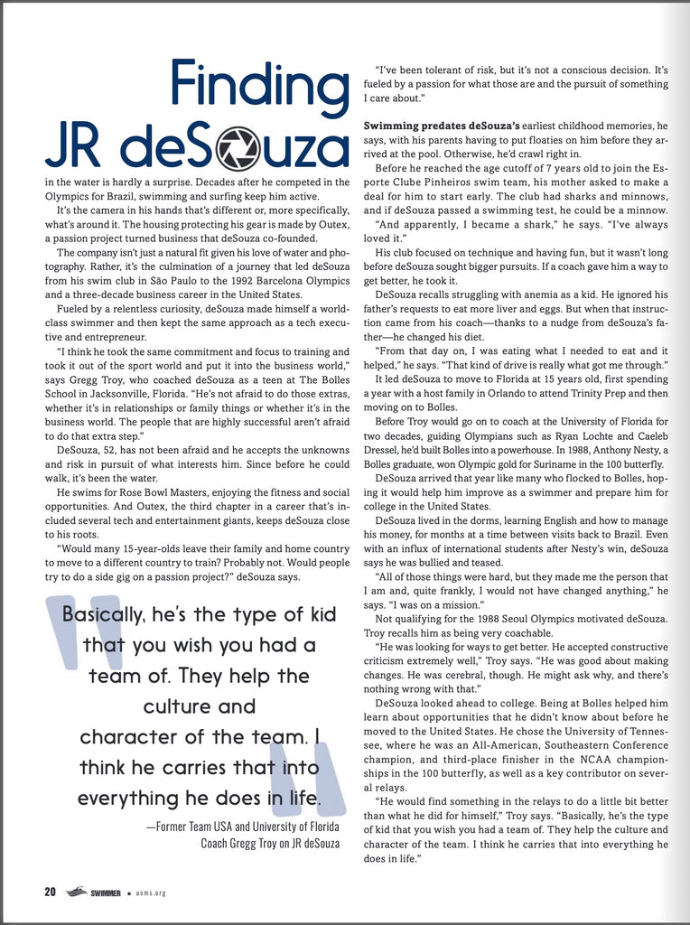 Swimmer Magazine article featuring Outex underwater housing system and olympic swimmer JR deSouza 1