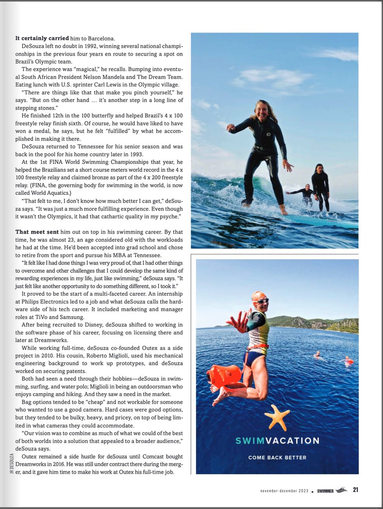 Artigo da Swimmer Magazine apresentando o sistema de alojamento subaquático Outex e o nadador olímpico JR deSouza 2