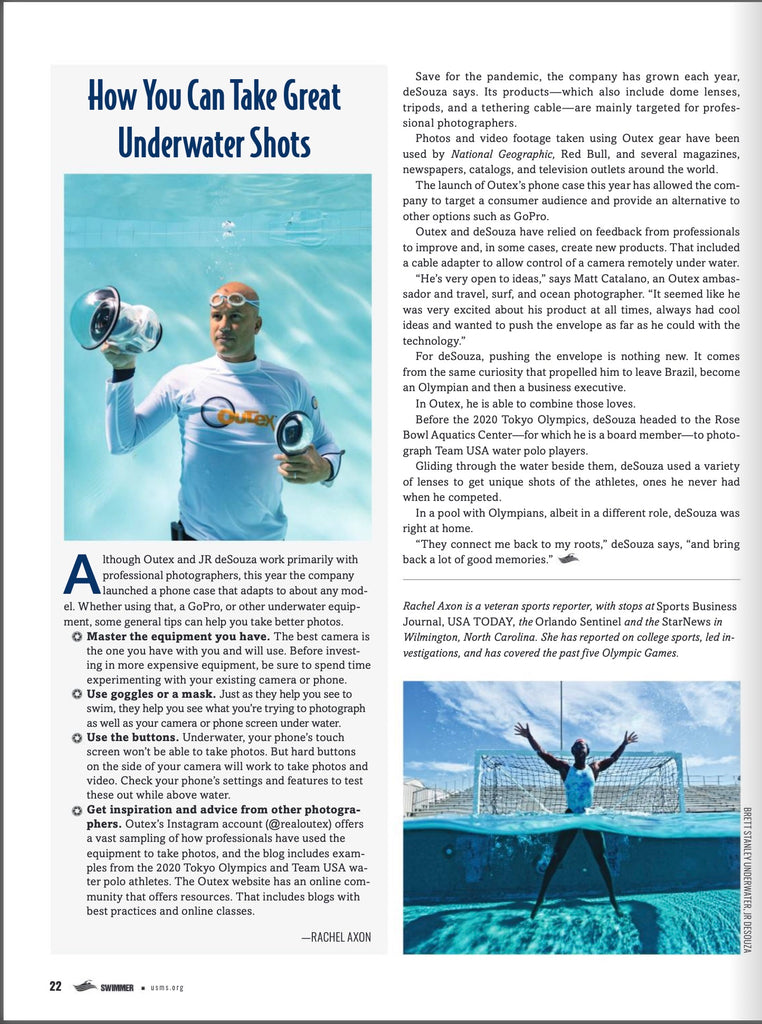 Artigo da Swimmer Magazine apresentando o sistema de alojamento subaquático Outex e o nadador olímpico JR deSouza 3