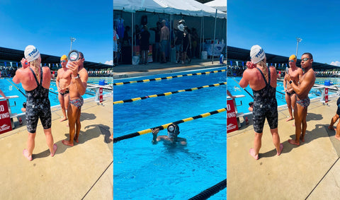 SwimSwam News Nadador Blair reportando debaixo d'água com as capas de telefone à prova d'água Outex