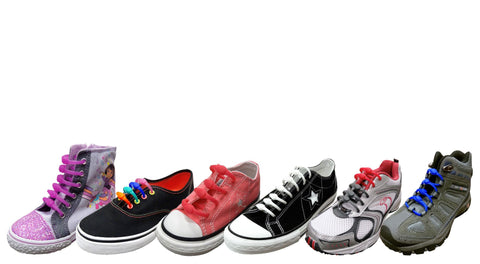 Children's shoes featuring Elastic No Tie Shoelaces in vibrant colors - Convenient, stylish, and safe footwear for kids.