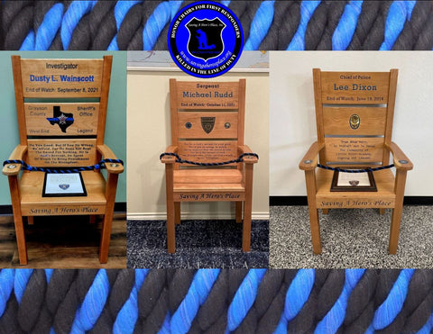 Honor Chair adorned with Ravenox's Thin Blue Line rope, symbolizing tribute and remembrance for fallen law enforcement officers.