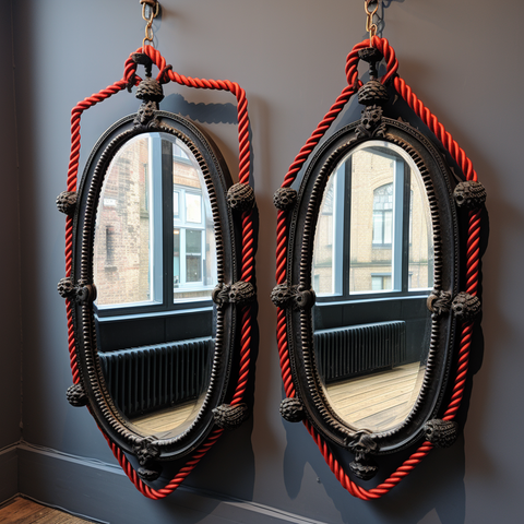 Espejos ornamentados enmarcados con cuerdas de algodón Ravenox negras y rojas entrelazadas, que añaden un toque gótico y lujoso a la decoración de Halloween.