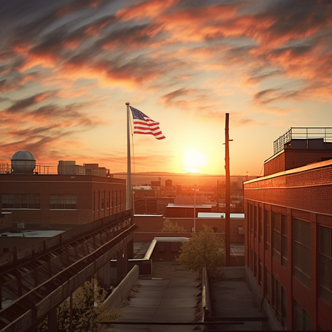 Imagen inspiradora de una puesta de sol sobre una fábrica textil, que representa esperanza y continuidad.