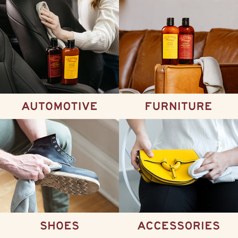 Assortment of Leather Honey products displayed with various leather items, including vehicle interiors, furniture, clothing, shoes, and accessories.