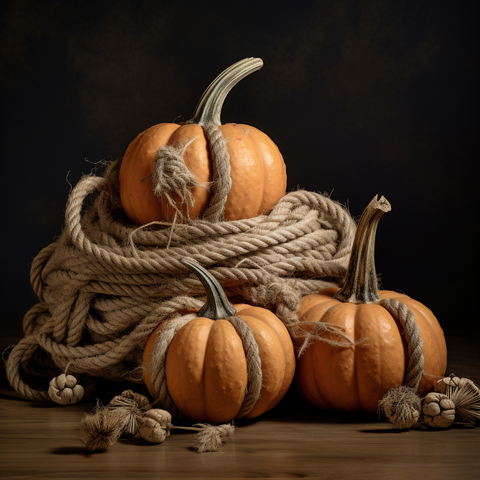 Calabazas adornadas con intrincados diseños de cuerdas de cáñamo Ravenox, que dan un toque único y rústico a las decoraciones tradicionales de Halloween.