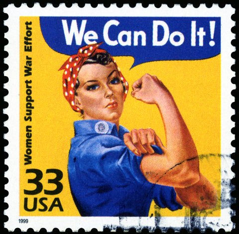 Sello de Rosie the RIveter con "We Can Do It" en la parte superior