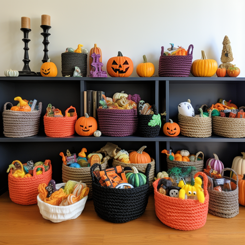 Imagen de cestas de distintos tamaños, repletas de caramelos coloridos, mini calabazas y extravagantes juguetes de Halloween, que muestran la diversidad festiva.