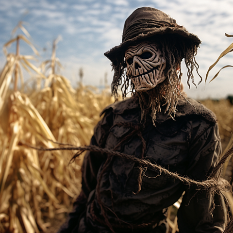 Scarecrow standing in a cornfield with Ravenox hemp rope bindings and rope-made hair, exuding a rustic, authentic charm.