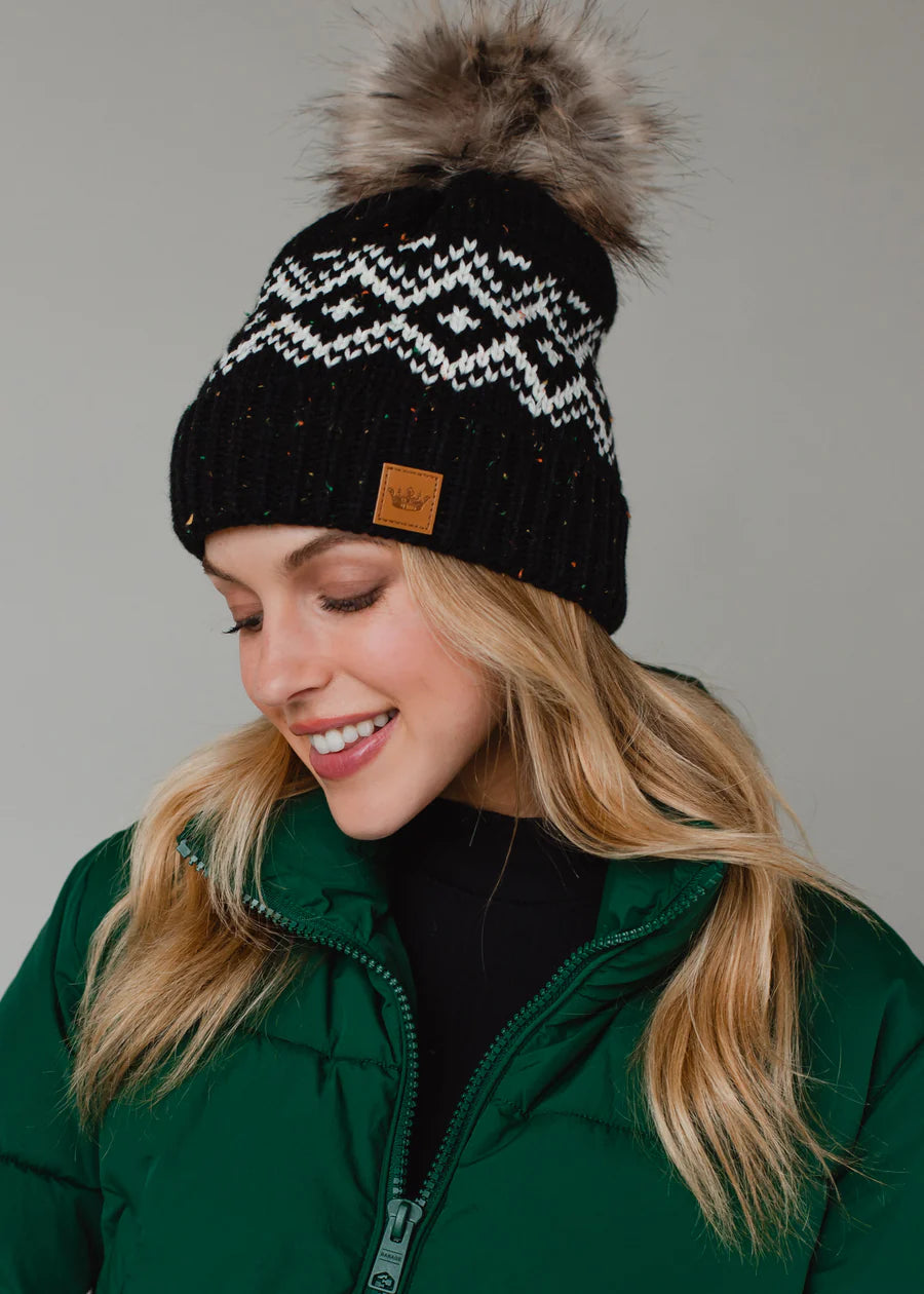 Black & Speckled patterned pom hat
