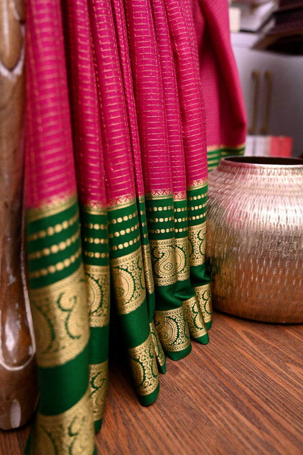 Emerald Green With Pink Border Silk Traditional Saree – paanericlothing