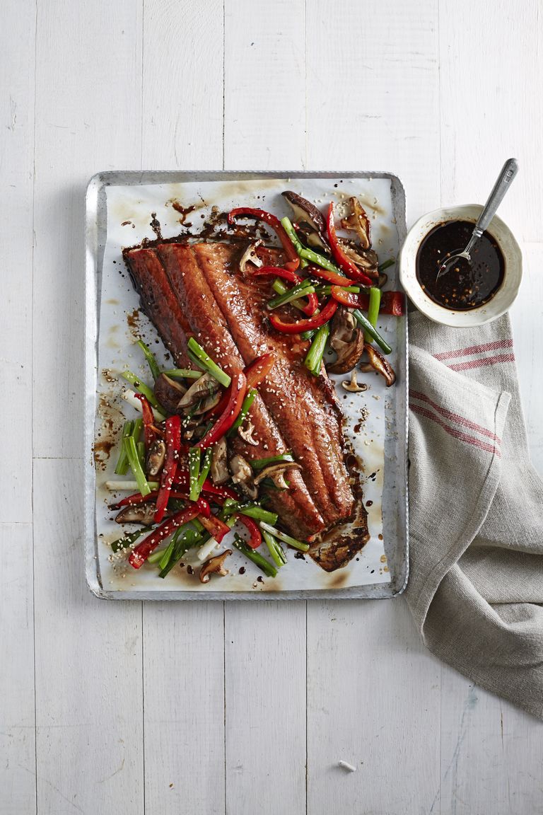 Honey-Soy Glazed Salmon with Mushrooms and Peppers
