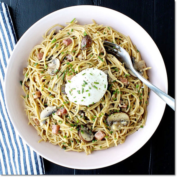 Spaghetti Carbonara with Cremini Mushrooms and a Warm Poached Egg