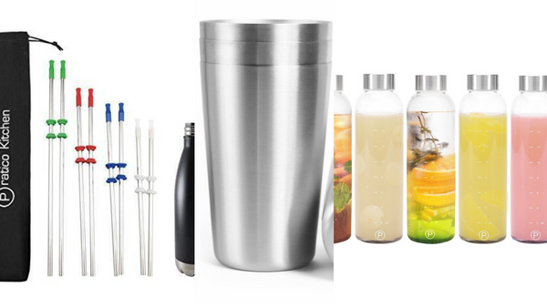 stainless steel straws. stainless steel cup, glass bottles