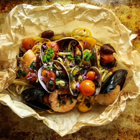 Seafood Pasta Baked in Parchment Paper