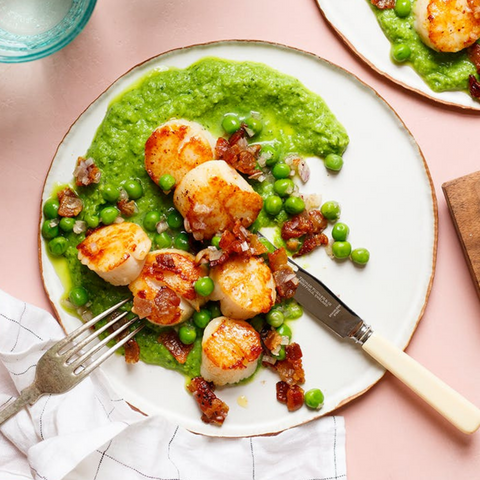 Seared Scallops With Green Peas Mint and Shallots