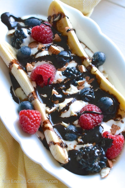 Healthy Banana Split With Clean Eating Chocolate Sauce